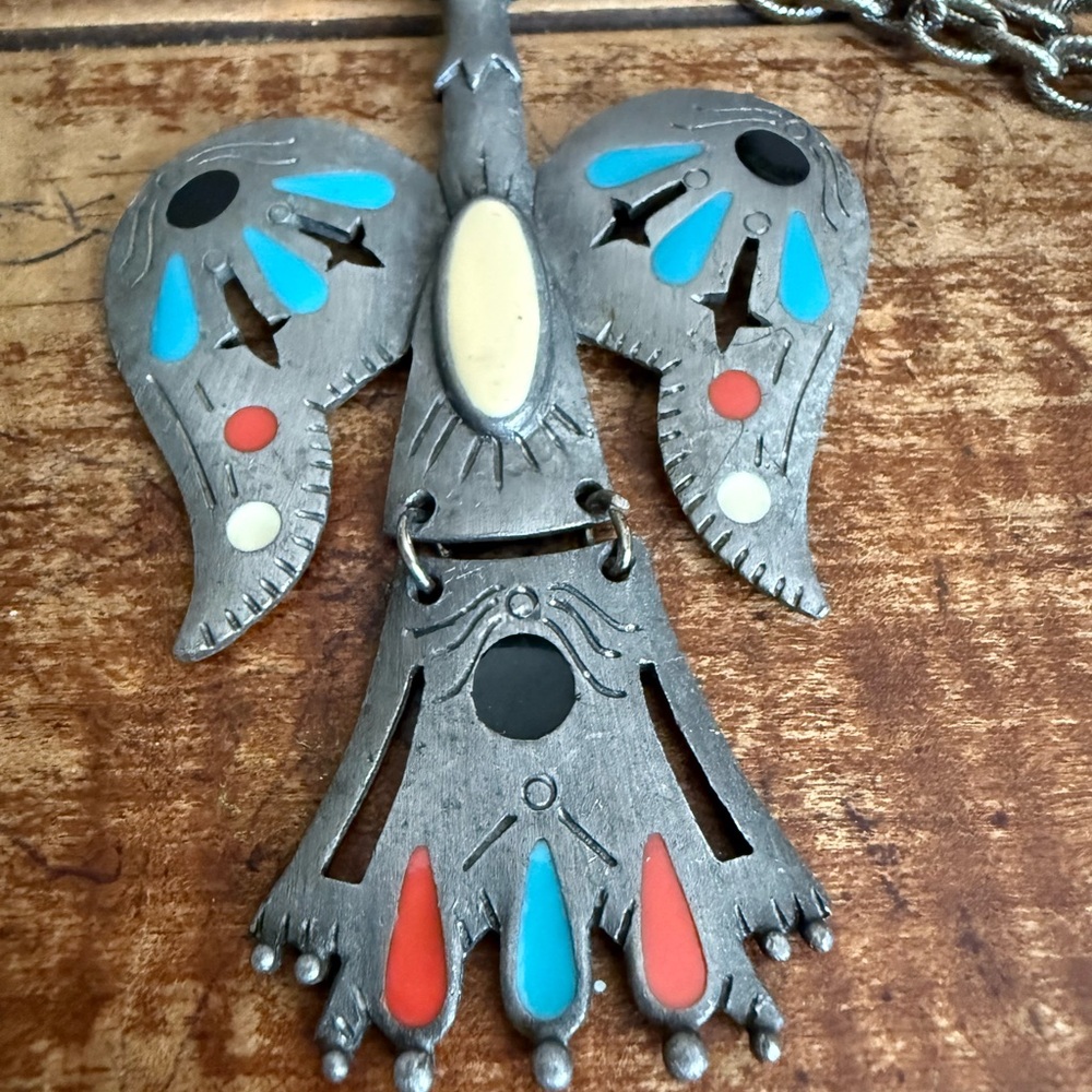 Vintage Unisex Signed Turquoise Southwest Phoenix Bird Pendant Necklace